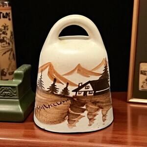Vtg Hand Painted Ceramic 3in bell Cowbell Cabin Mountain Signed outdoors decor